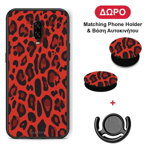 Animal Red Leopard - OnePlus 6T θήκη + Δώρο Phone Holder & Βάση Αυτοκινήτου