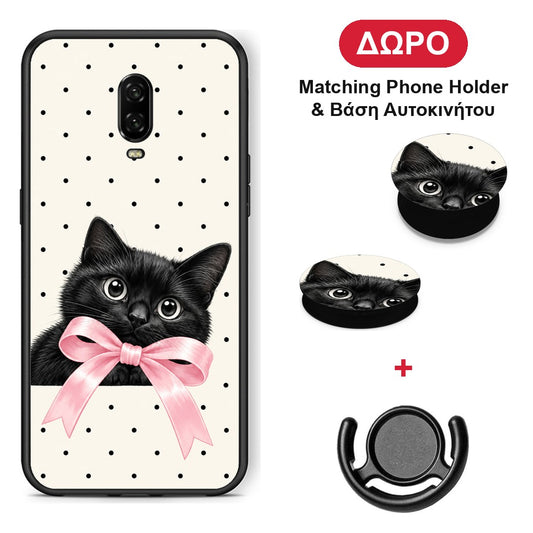 Black Kitten Pink Bow and Polka Dots - OnePlus 6T θήκη + Δώρο Phone Holder & Βάση Αυτοκινήτου