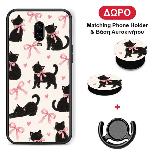 Black Kittens and Pink Bows on Cream Large - OnePlus 6T θήκη + Δώρο Phone Holder & Βάση Αυτοκινήτου