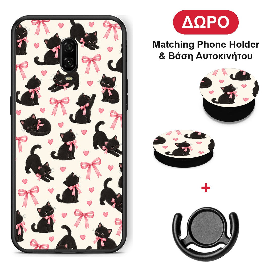 Black Kittens and Pink Bows on Cream Small - OnePlus 6T θήκη + Δώρο Phone Holder & Βάση Αυτοκινήτου