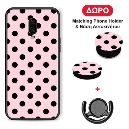 Black Polka Dots on Pink - OnePlus 6T θήκη + Δώρο Phone Holder & Βάση Αυτοκινήτου