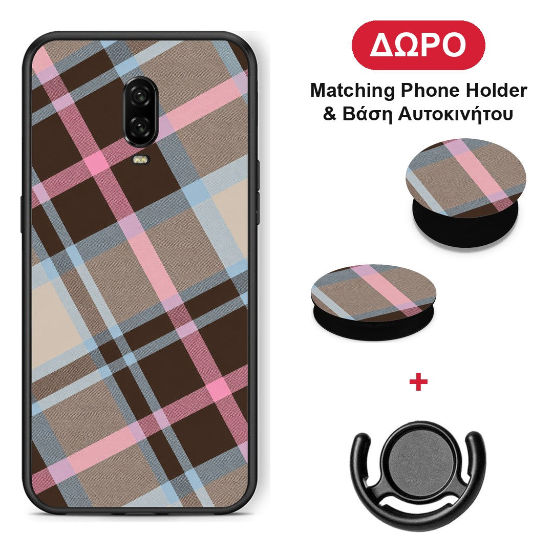 Brown Pink and Blue Diagonal Plaid - OnePlus 6T θήκη + Δώρο Phone Holder & Βάση Αυτοκινήτου