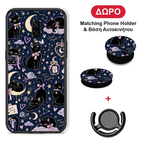 Celestial Black Cats on Navy - OnePlus 6T θήκη + Δώρο Phone Holder & Βάση Αυτοκινήτου