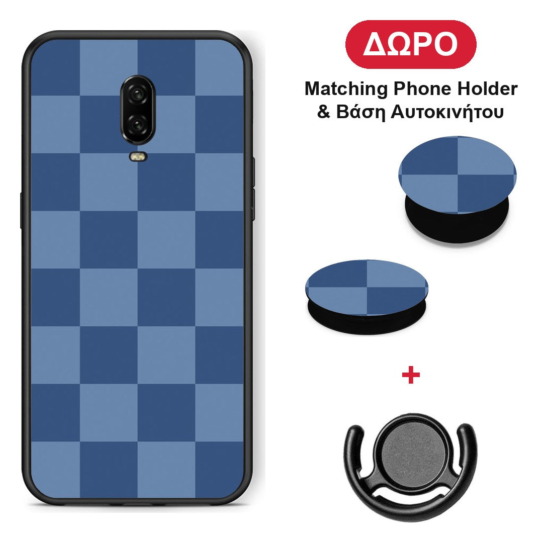 Denim Blue Checkerboard - OnePlus 6T θήκη + Δώρο Phone Holder & Βάση Αυτοκινήτου