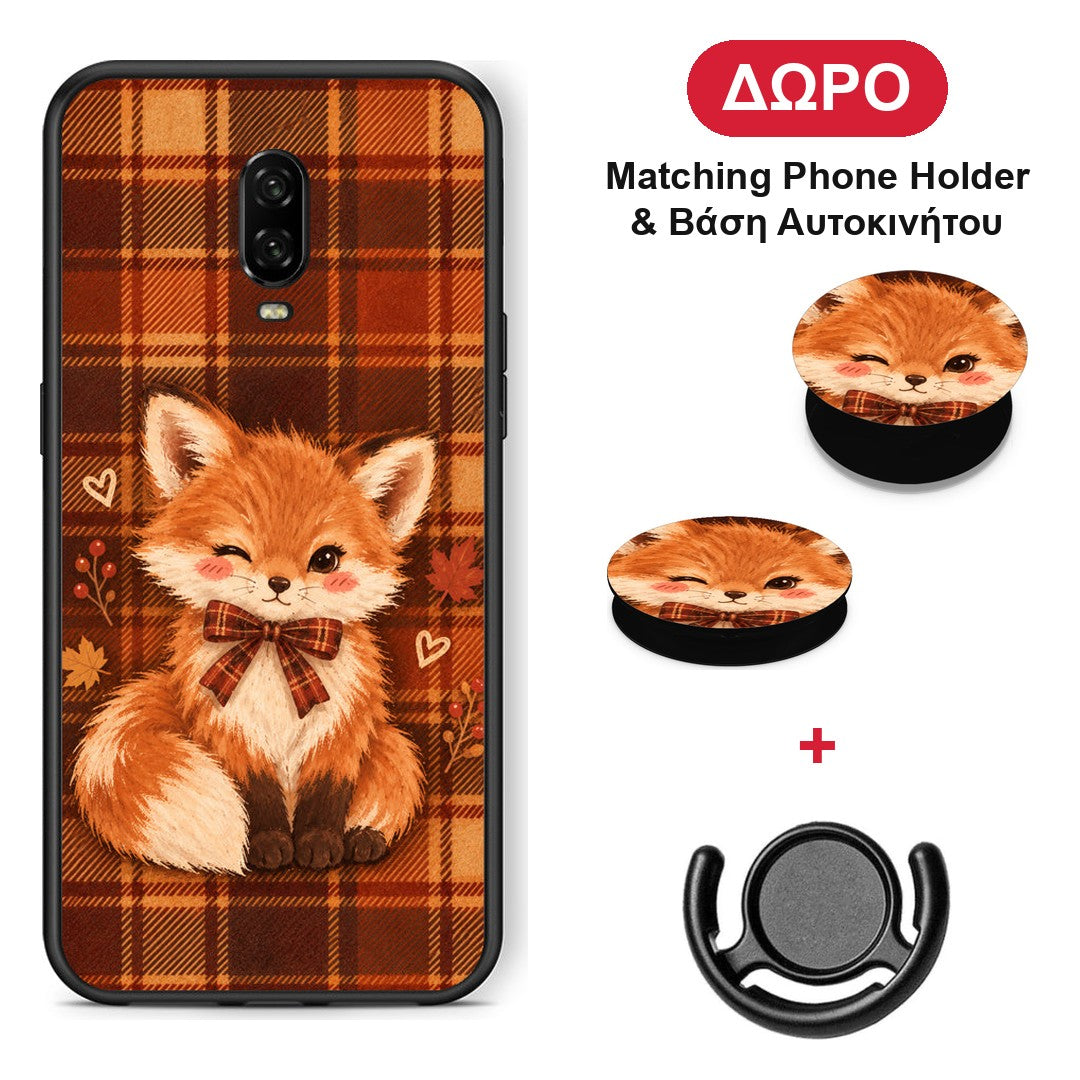 Fox on Autumn Tartan - OnePlus 6T θήκη + Δώρο Phone Holder & Βάση Αυτοκινήτου