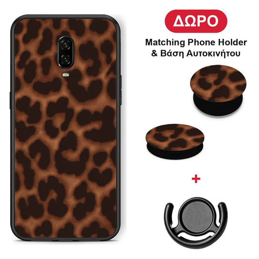 Leopard Print Dark Brown - OnePlus 6T θήκη + Δώρο Phone Holder & Βάση Αυτοκινήτου