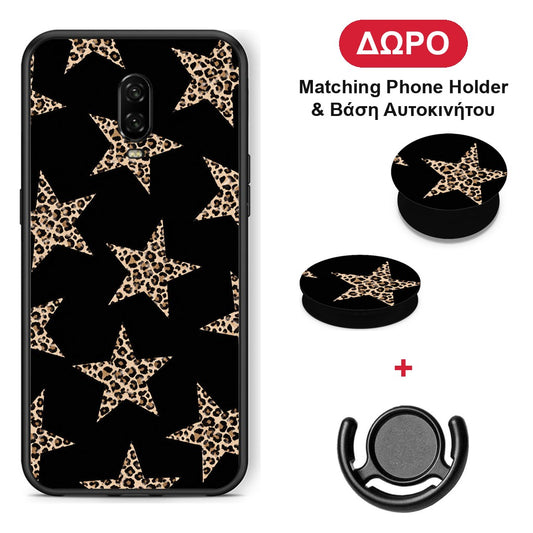 Leopard Stars on Black - OnePlus 6T θήκη + Δώρο Phone Holder & Βάση Αυτοκινήτου