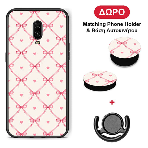 Pink Bow Lattice and Hearts on Cream - OnePlus 6T θήκη + Δώρο Phone Holder & Βάση Αυτοκινήτου