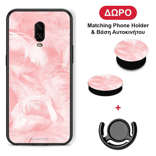 Boho Pink Feather - OnePlus 6T θήκη + Δώρο Phone Holder & Βάση Αυτοκινήτου