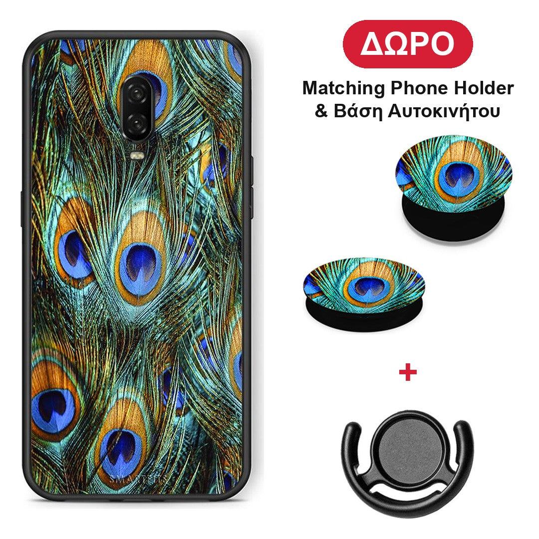 Real Peacock Feathers - OnePlus 6T θήκη + Δώρο Phone Holder & Βάση Αυτοκινήτου