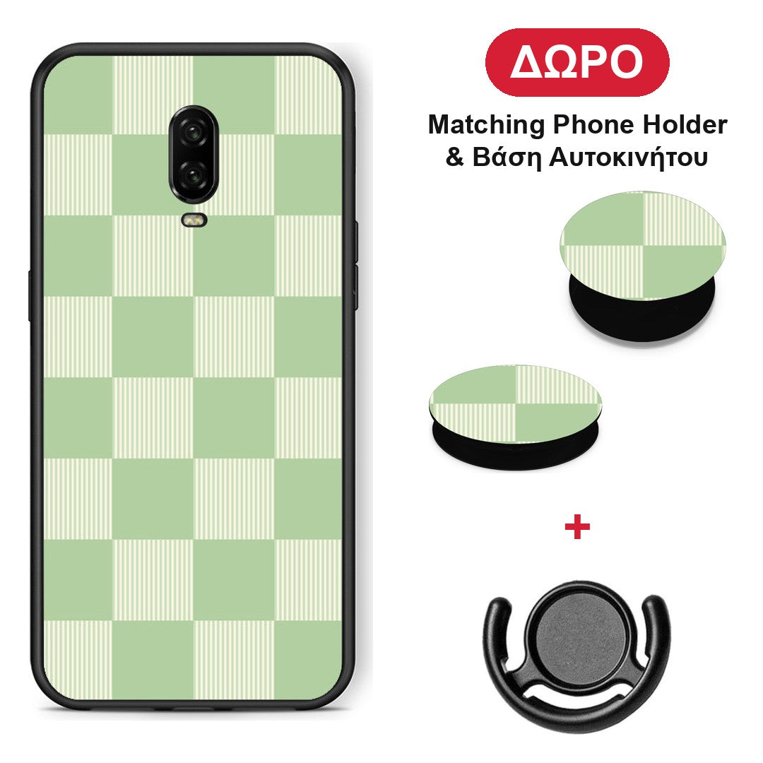 Sage and Cream Striped Checks - OnePlus 6T θήκη + Δώρο Phone Holder & Βάση Αυτοκινήτου