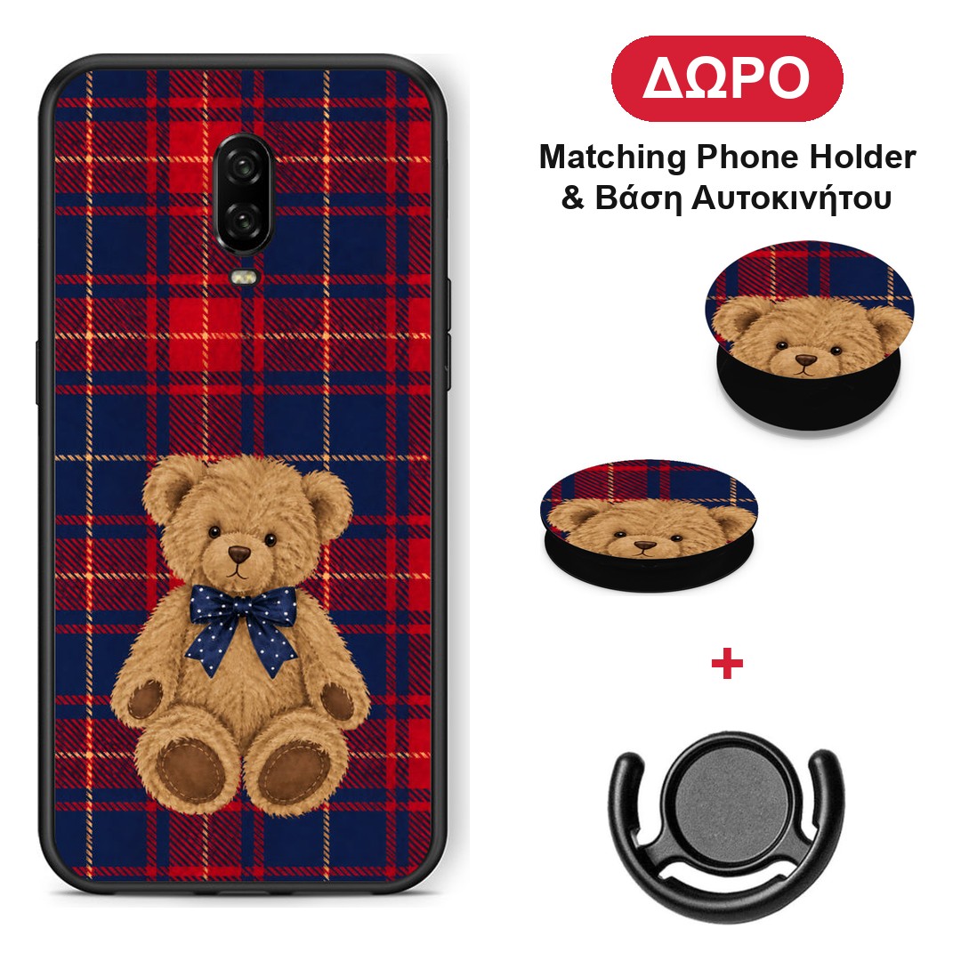Teddy Bear on Red and Navy Tartan - OnePlus 6T θήκη + Δώρο Phone Holder & Βάση Αυτοκινήτου