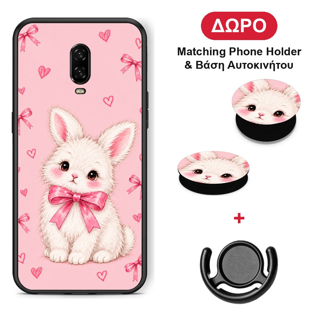 White Bunny and Pink Bows - OnePlus 6T θήκη + Δώρο Phone Holder & Βάση Αυτοκινήτου