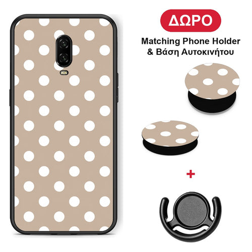 White Polka Dots on Taupe - OnePlus 6T θήκη + Δώρο Phone Holder & Βάση Αυτοκινήτου