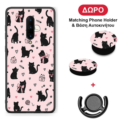 Black Cat Doodles on Pink - OnePlus 7 Pro θήκη + Δώρο Phone Holder & Βάση Αυτοκινήτου