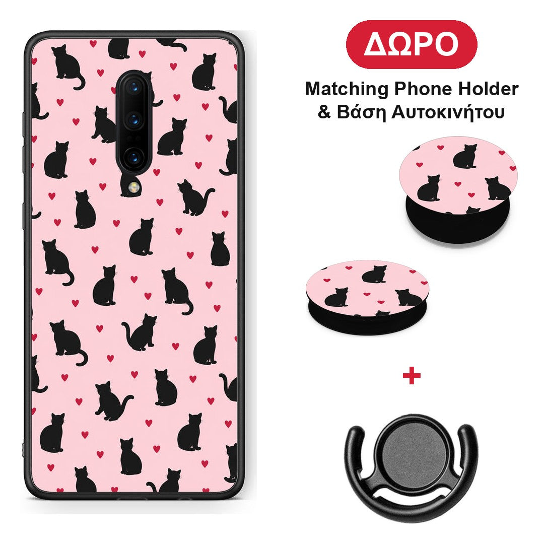 Black Cat Silhouettes and Hearts on Pink - OnePlus 7 Pro θήκη + Δώρο Phone Holder & Βάση Αυτοκινήτου
