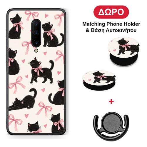 Black Kittens and Pink Bows on Cream Large - OnePlus 7 Pro θήκη + Δώρο Phone Holder & Βάση Αυτοκινήτου