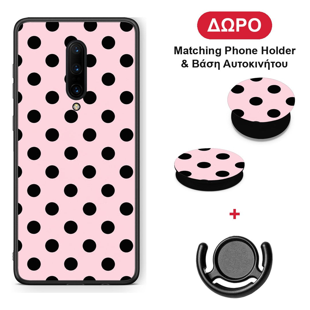 Black Polka Dots on Pink - OnePlus 7 Pro θήκη + Δώρο Phone Holder & Βάση Αυτοκινήτου