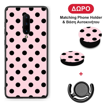 Black Polka Dots on Pink - OnePlus 7 Pro θήκη + Δώρο Phone Holder & Βάση Αυτοκινήτου