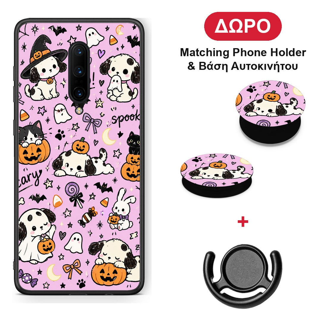 Halloween Puppies and Friends on Lilac - OnePlus 7 Pro θήκη + Δώρο Phone Holder & Βάση Αυτοκινήτου