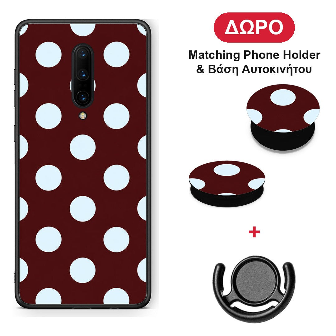 Pale Blue Large Polka Dots on Burgundy - OnePlus 7 Pro θήκη + Δώρο Phone Holder & Βάση Αυτοκινήτου