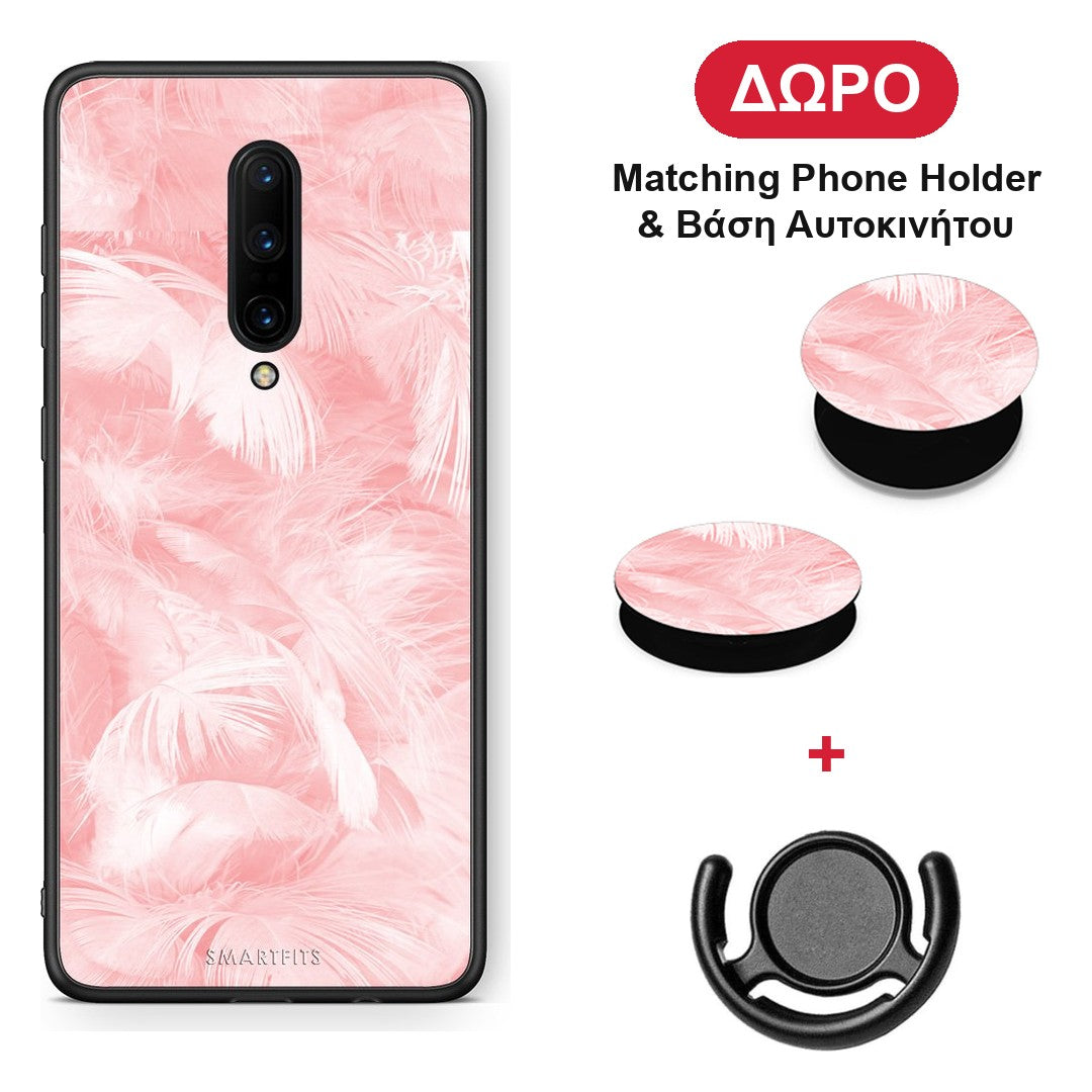 Boho Pink Feather - OnePlus 7 Pro θήκη + Δώρο Phone Holder & Βάση Αυτοκινήτου