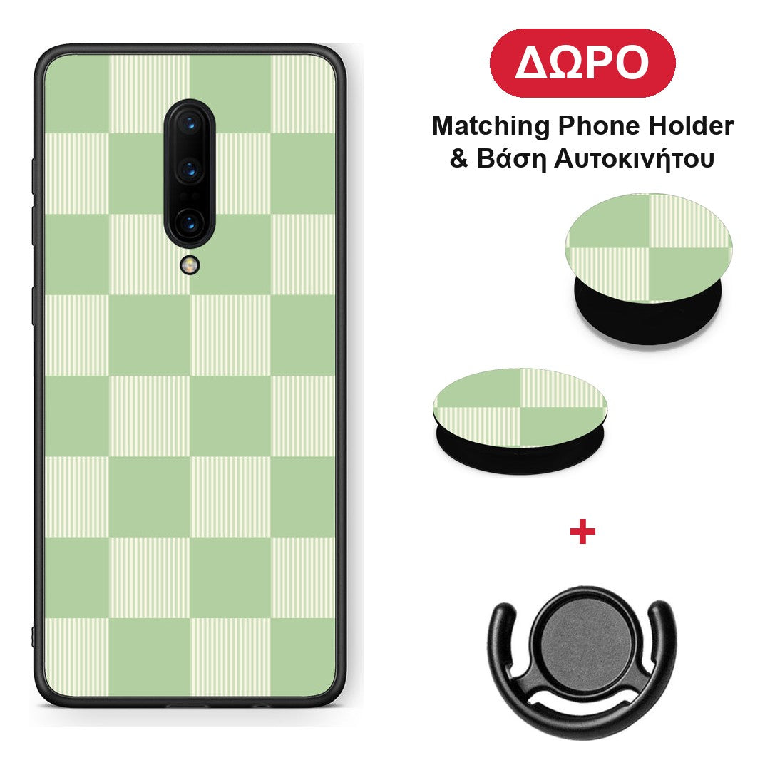 Sage and Cream Striped Checks - OnePlus 7 Pro θήκη + Δώρο Phone Holder & Βάση Αυτοκινήτου