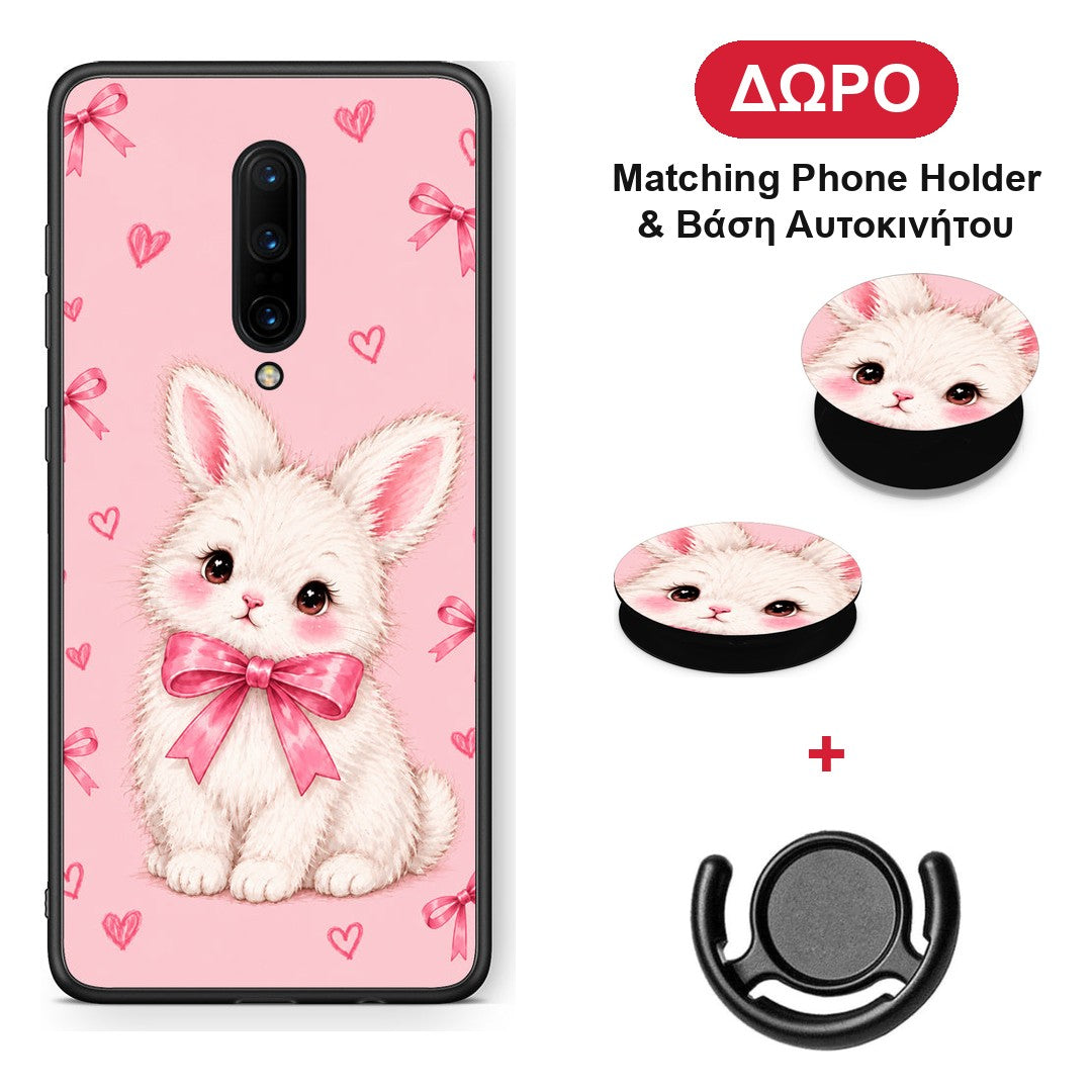 White Bunny and Pink Bows - OnePlus 7 Pro θήκη + Δώρο Phone Holder & Βάση Αυτοκινήτου