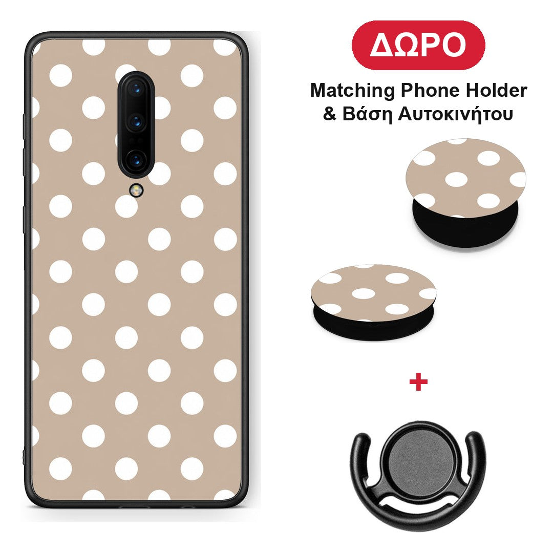 White Polka Dots on Taupe - OnePlus 7 Pro θήκη + Δώρο Phone Holder & Βάση Αυτοκινήτου