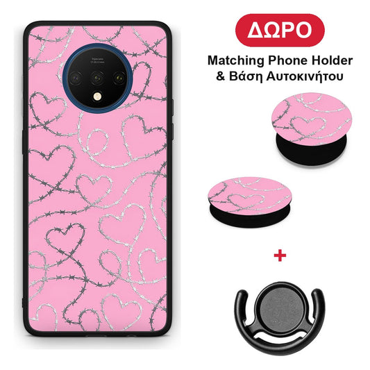 Barbed Wire Hearts on Pink - OnePlus 7T θήκη + Δώρο Phone Holder & Βάση Αυτοκινήτου