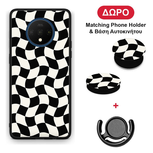 Black and Cream Wavy Checkerboard - OnePlus 7T θήκη + Δώρο Phone Holder & Βάση Αυτοκινήτου