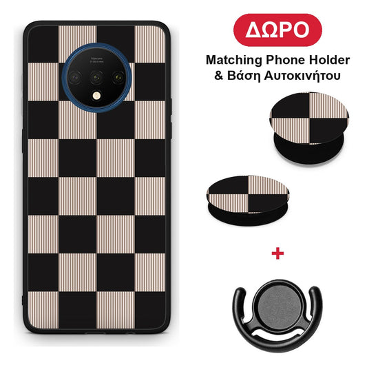 Black and Taupe Striped Checks - OnePlus 7T θήκη + Δώρο Phone Holder & Βάση Αυτοκινήτου
