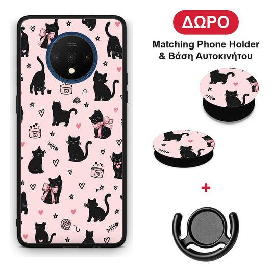 Black Cat Doodles on Pink - OnePlus 7T θήκη + Δώρο Phone Holder & Βάση Αυτοκινήτου
