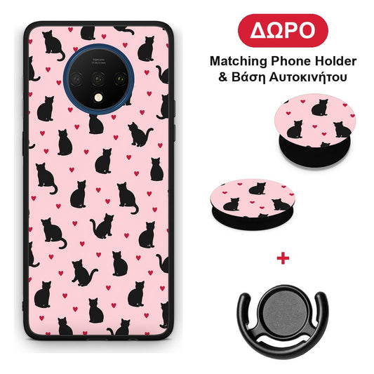 Black Cat Silhouettes and Hearts on Pink - OnePlus 7T θήκη + Δώρο Phone Holder & Βάση Αυτοκινήτου