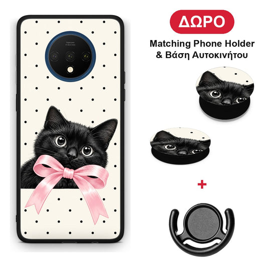Black Kitten Pink Bow and Polka Dots - OnePlus 7T θήκη + Δώρο Phone Holder & Βάση Αυτοκινήτου