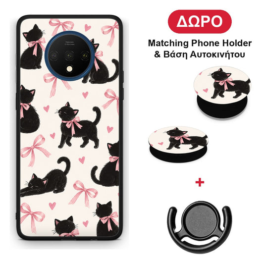 Black Kittens and Pink Bows on Cream Large - OnePlus 7T θήκη + Δώρο Phone Holder & Βάση Αυτοκινήτου