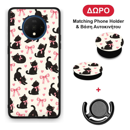 Black Kittens and Pink Bows on Cream Small - OnePlus 7T θήκη + Δώρο Phone Holder & Βάση Αυτοκινήτου