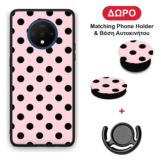 Black Polka Dots on Pink - OnePlus 7T θήκη + Δώρο Phone Holder & Βάση Αυτοκινήτου