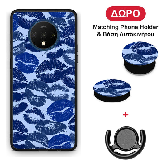 Blue Lipstick Kisses - OnePlus 7T θήκη + Δώρο Phone Holder & Βάση Αυτοκινήτου
