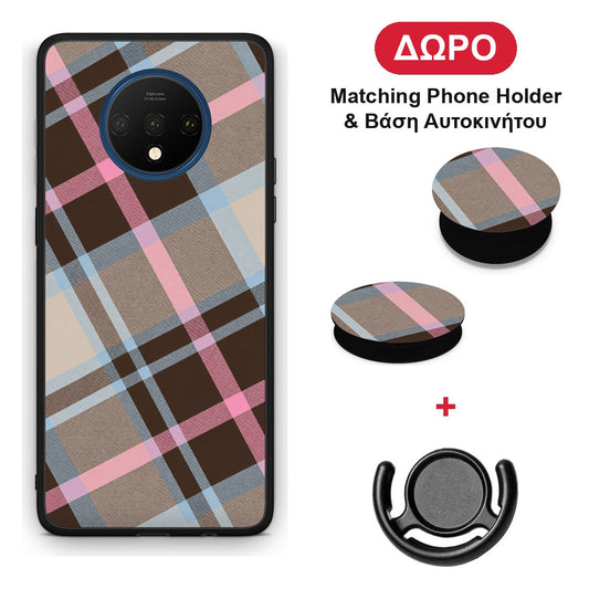 Brown Pink and Blue Diagonal Plaid - OnePlus 7T θήκη + Δώρο Phone Holder & Βάση Αυτοκινήτου