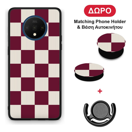 Burgundy and Cream Striped Checks - OnePlus 7T θήκη + Δώρο Phone Holder & Βάση Αυτοκινήτου