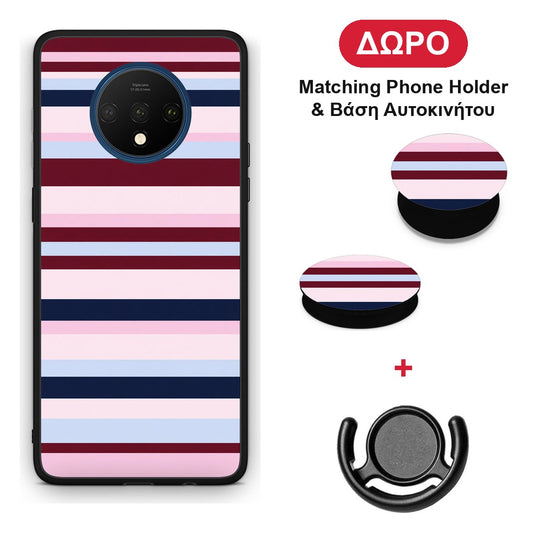 Burgundy Pink and Blue Horizontal Stripes - OnePlus 7T θήκη + Δώρο Phone Holder & Βάση Αυτοκινήτου