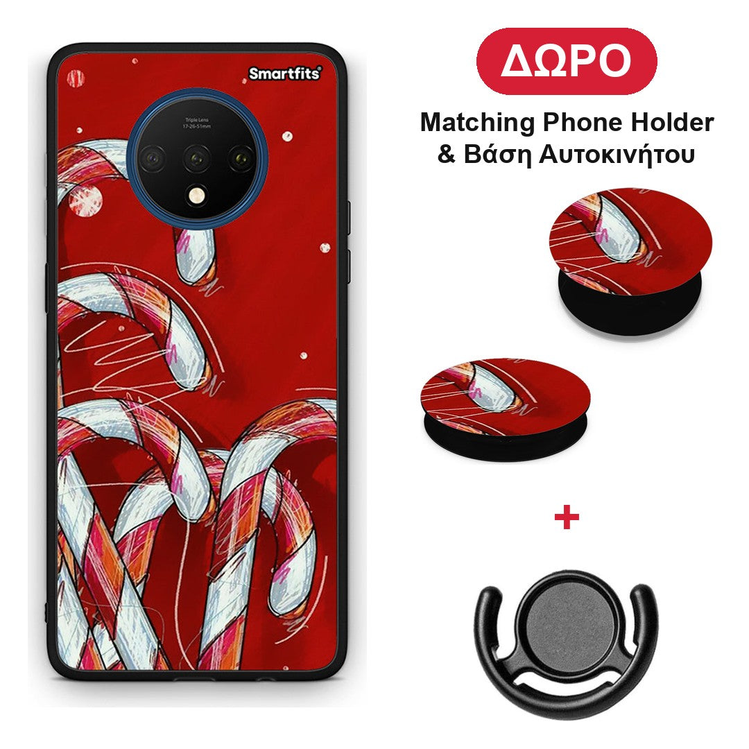 Candy Cane - OnePlus 7T θήκη + Δώρο Phone Holder & Βάση Αυτοκινήτου