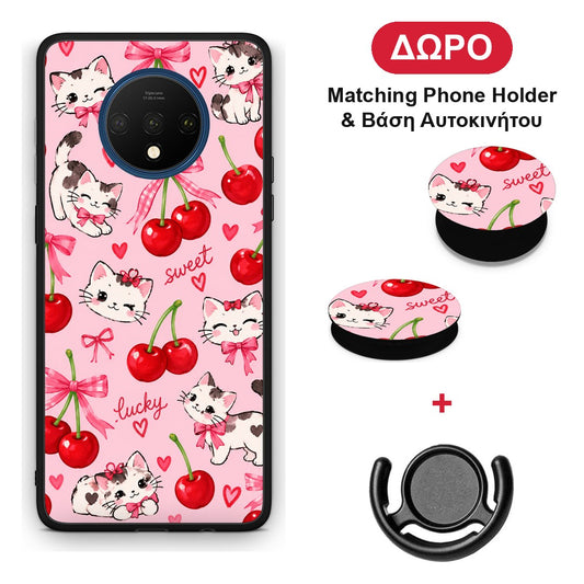 Cherries Bows and Kittens on Pink - OnePlus 7T θήκη + Δώρο Phone Holder & Βάση Αυτοκινήτου