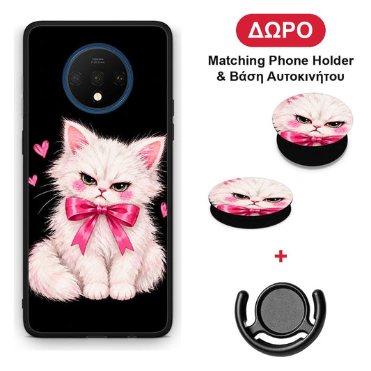 Grumpy Party Kitten on Black - OnePlus 7T θήκη + Δώρο Phone Holder & Βάση Αυτοκινήτου