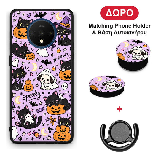 Halloween Black Cats on Lilac - OnePlus 7T θήκη + Δώρο Phone Holder & Βάση Αυτοκινήτου