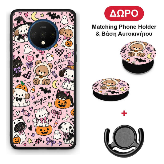 Halloween Cute Animals on Pink - OnePlus 7T θήκη + Δώρο Phone Holder & Βάση Αυτοκινήτου