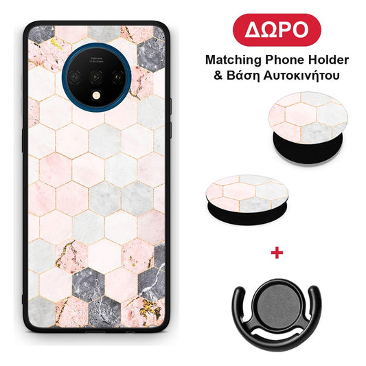 Marble Hexagon Pink - OnePlus 7T θήκη + Δώρο Phone Holder & Βάση Αυτοκινήτου