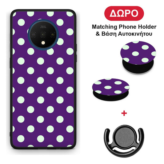 Mint Polka Dots on Purple - OnePlus 7T θήκη + Δώρο Phone Holder & Βάση Αυτοκινήτου