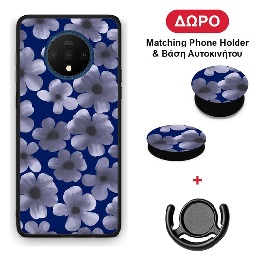 Pale Blue Flowers on Navy - OnePlus 7T θήκη + Δώρο Phone Holder & Βάση Αυτοκινήτου